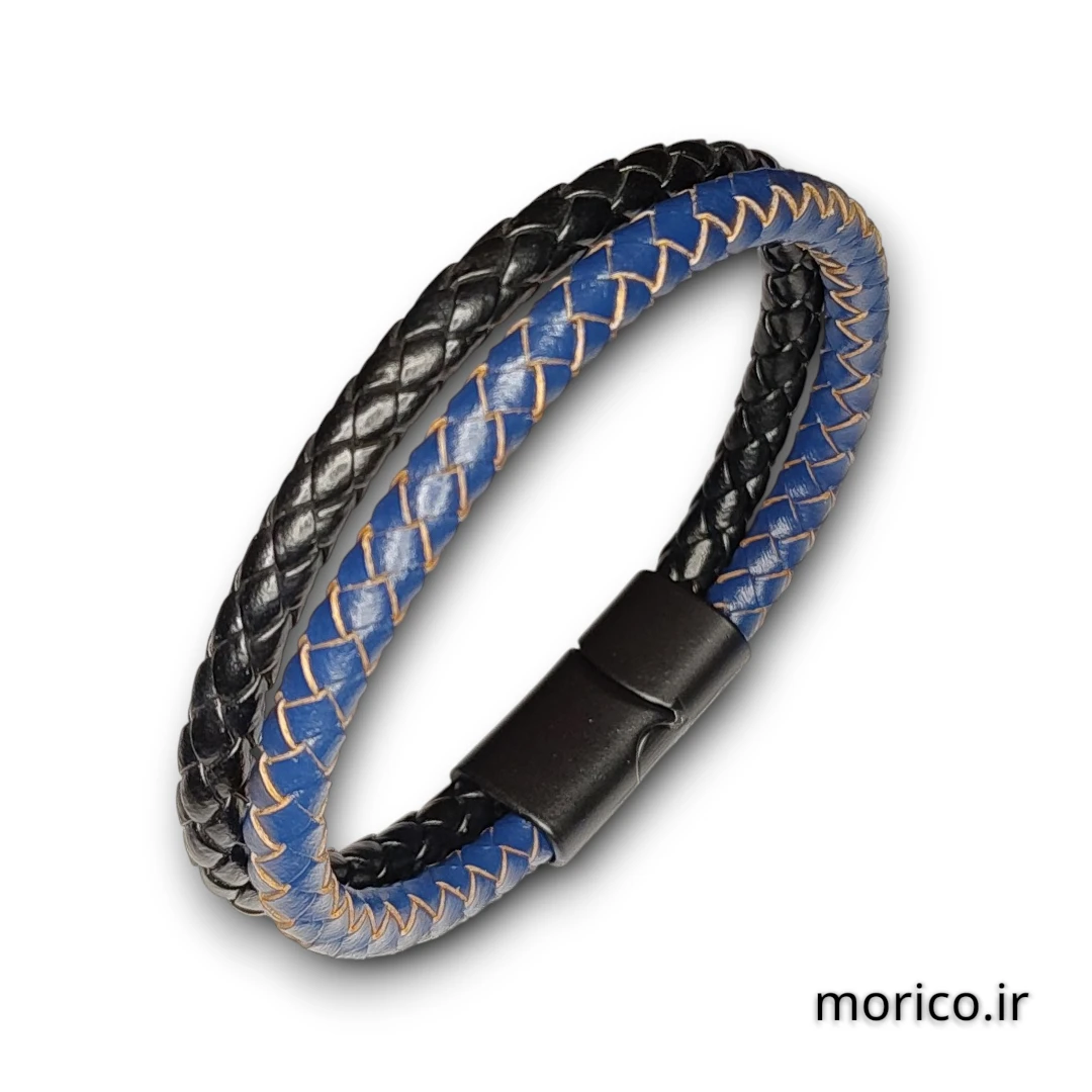 دستبند چرم آبی مشکی کد 110