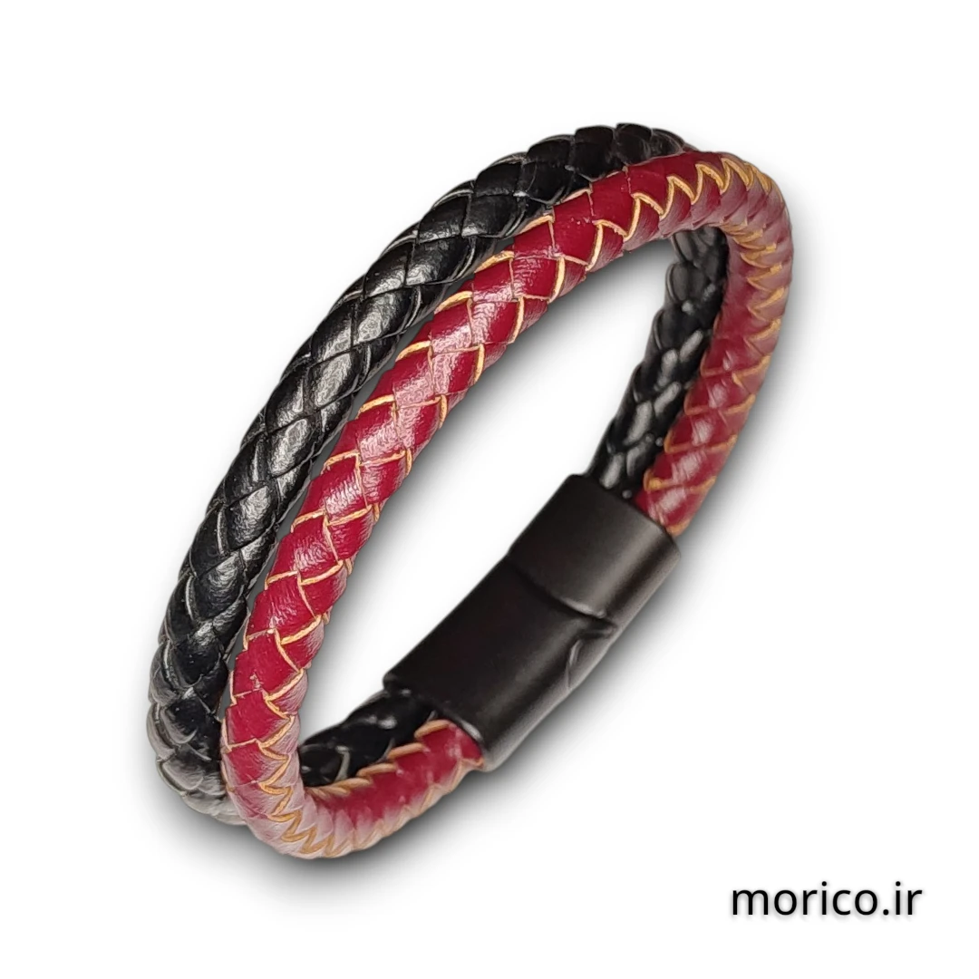 دستبند چرم قرمز مشکی کد 109