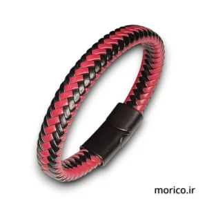 دستبند چرم مشکی قرمز کد 113